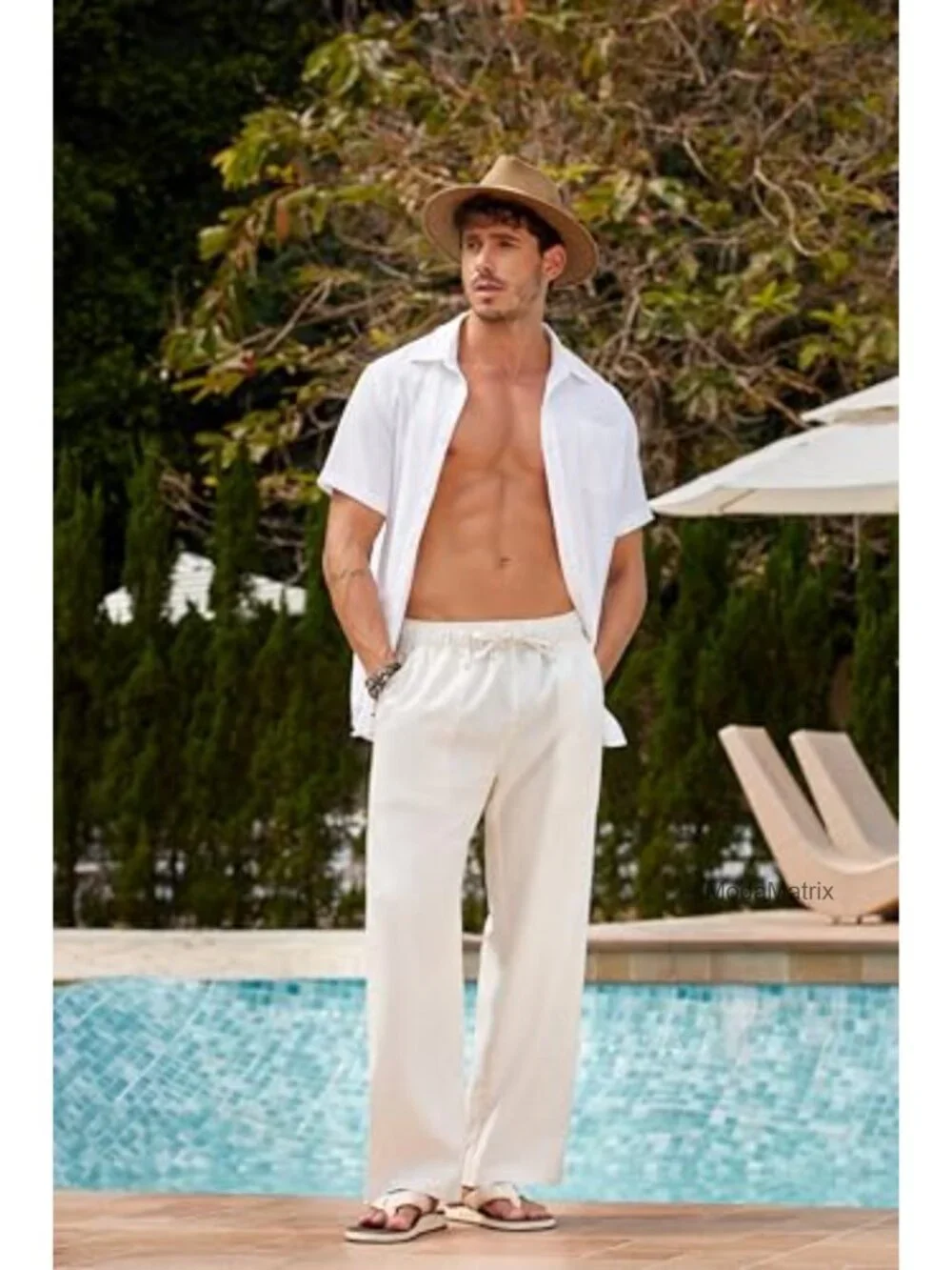 Men Linen Casual Pants Elastic Waist Drawstring Straight Leg Summer Beach